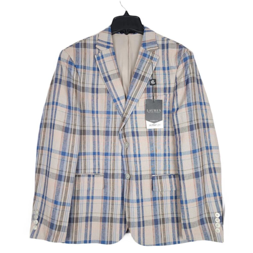 Lauren Ralph Lauren Men's Classic-Fit Linen Sport Coat Tan/Blue Plaid 40R NWT